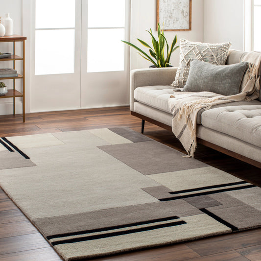 Queens Rug - 26207 by Livabliss in ivory, light gray, gray, charcoal, black. Made from 100% wool in a unique style.