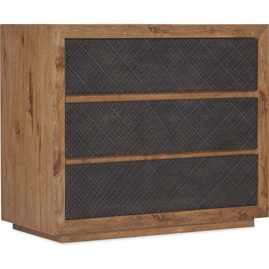Big Sky 3-Drawer Bachelors Chest by Hooker Furniture in vintage natural, furrowed bark. Made from pecky hickory veneers, cedar, resin, solid-wood edged top in a modern style.