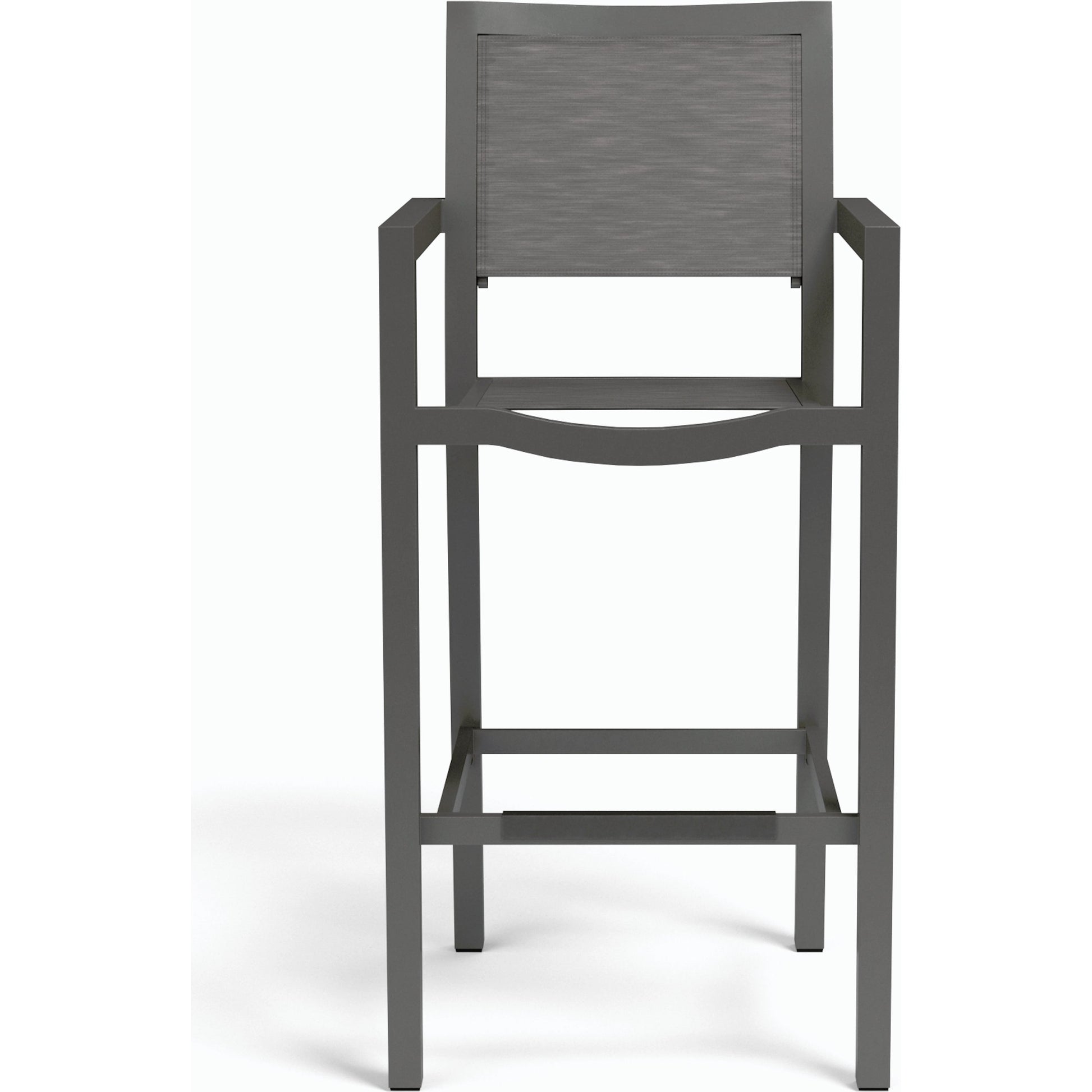 Vegas Outdoor Sling Barstool by Sunset West in graphite. Made from aluminum in a modern style.