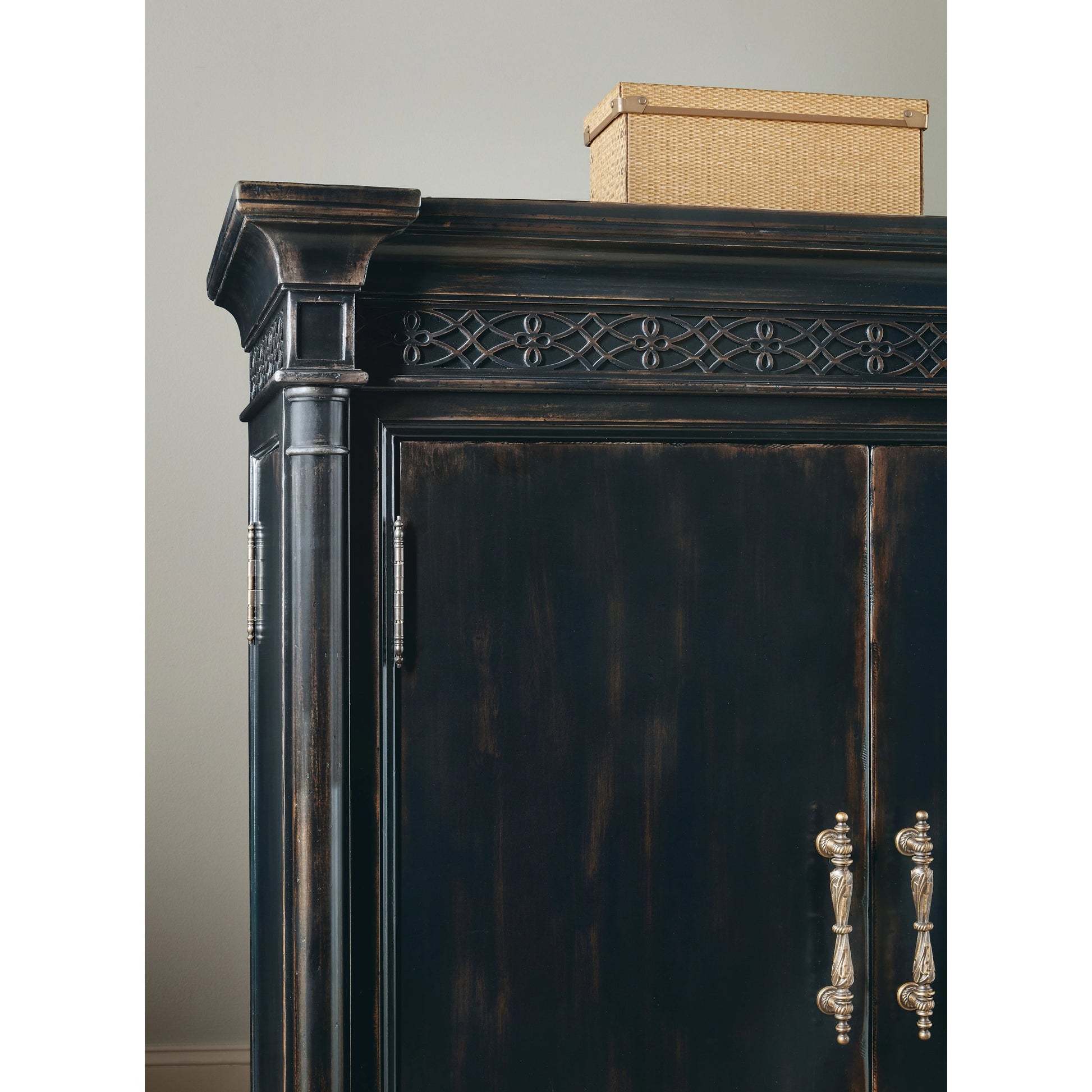 Charleston Jewelry Armoire by Hooker Furniture in black cherry. Made from cherry veneers, cedar, metal in a traditional style.