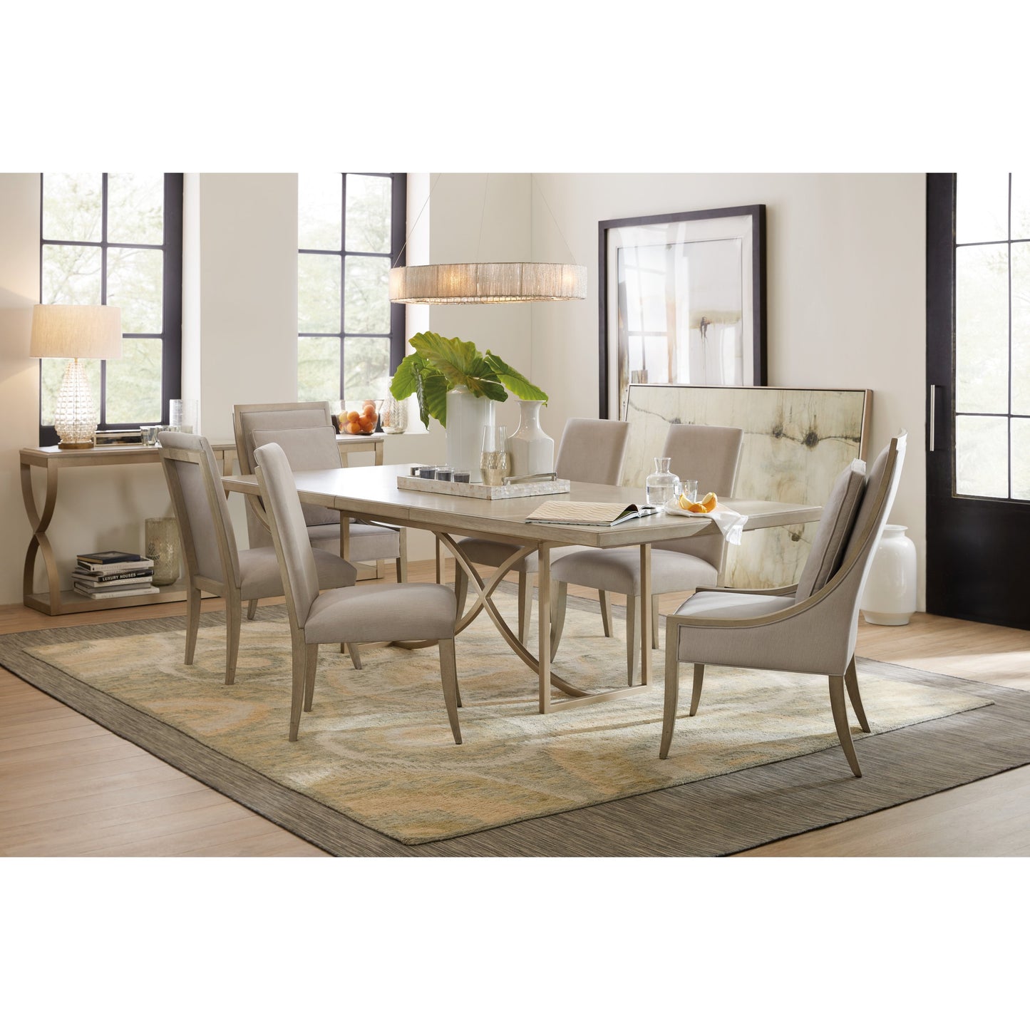 003 SI-1748838 | Lifestyle | Elixir Dining Table by Hooker Furniture in greige. Made from basswood walnut veneers with metal in a modern style.