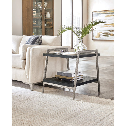 Chapman Shou Sugi Ban End Table by Hooker Furniture in charred black, pewter. Made from pine veneers, metal in a modern style.