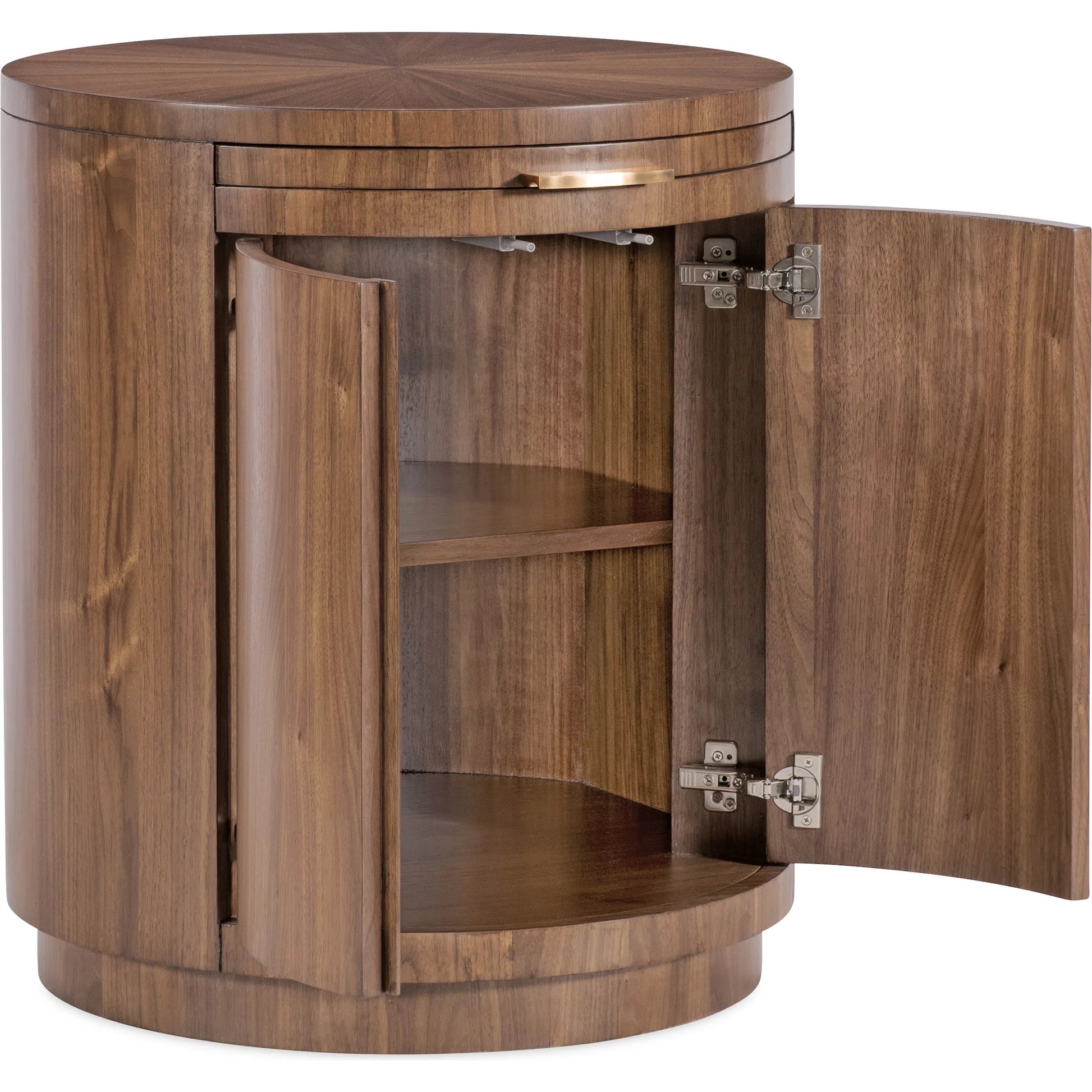 Eleana Round Nightstand by Hooker Furniture in light caramel, quartered walnut veneers, sunlit bronze metal. Made from walnut veneers in a modern style.
