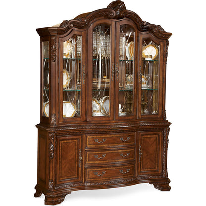 Old World China Cabinet by A.R.T. Furniture in brown and medium cherry. Made from new zealand pine solids, cathedral cherry veneer, exotic avodire veneer, glass in a traditional style.