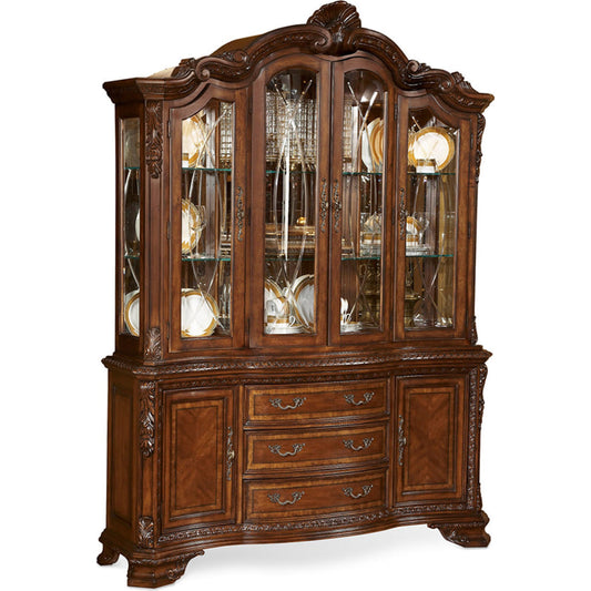 Old World China Cabinet by A.R.T. Furniture in brown and medium cherry. Made from new zealand pine solids, cathedral cherry veneer, exotic avodire veneer, glass in a traditional style.