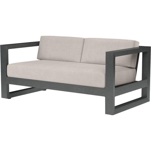 Redondo Outdoor Loveseat by Sunset West in grays. Made from aluminum in a modern style.