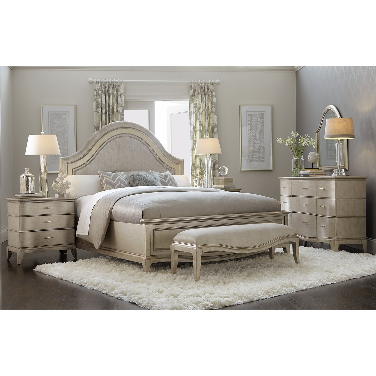 003 SR-882086 | Lifestyle | Starlite Bed Bench by A.R.T. Furniture in silver and peri. Made from parawood solids, primavera veneer in a transitional style.