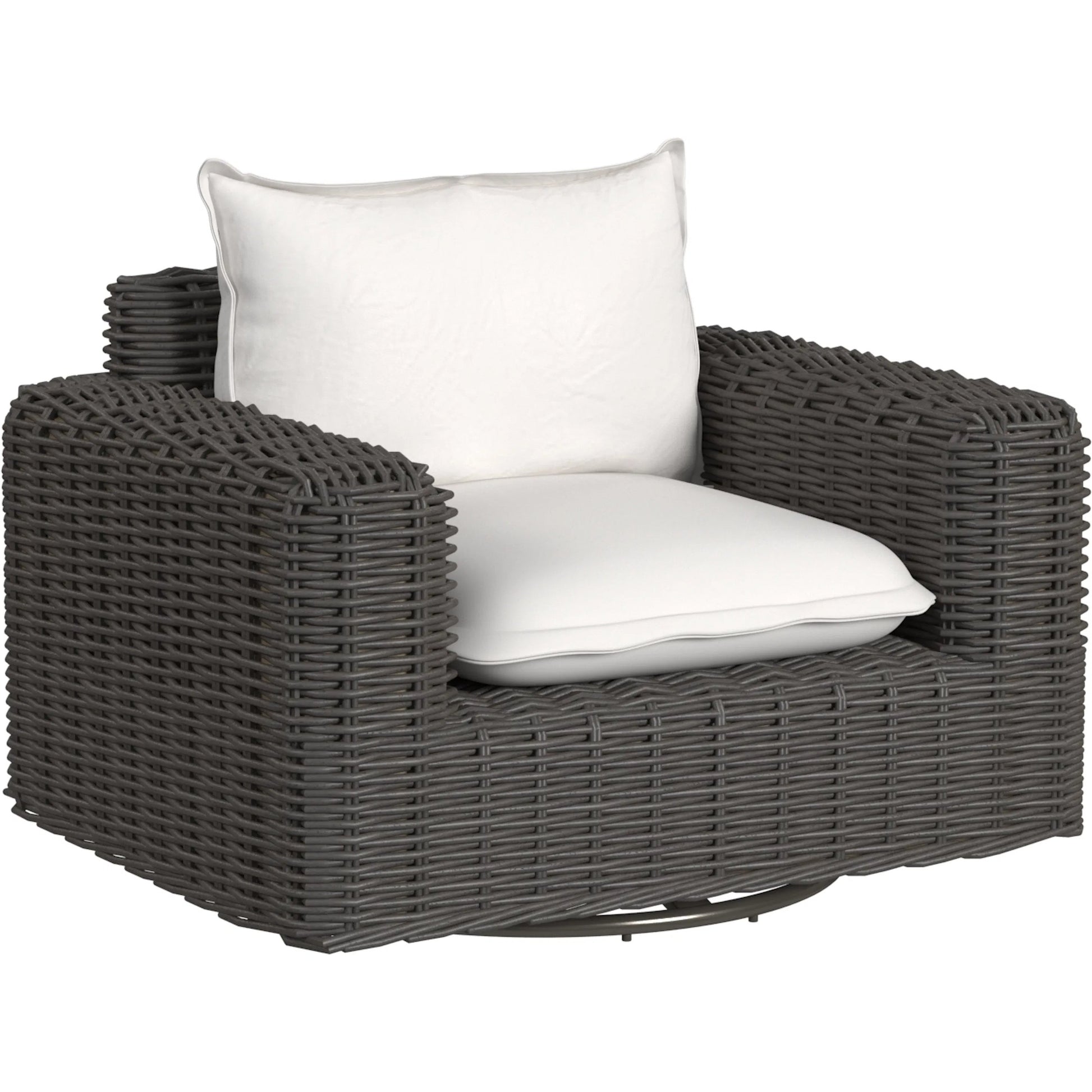 Cabo Outdoor Oversized Swivel Club Chair by Sunset West in dark wood. Made from resin wicker in a rustic style.