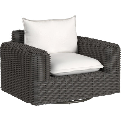 Cabo Outdoor Oversized Swivel Club Chair by Sunset West in dark wood. Made from resin wicker in a rustic style.
