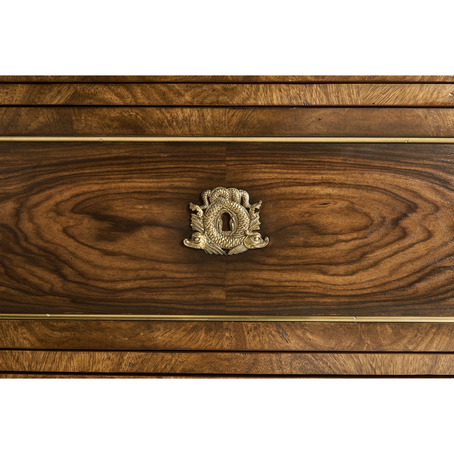 003 SI-2334507 | Closeup | Viceroy Chest of Drawers by Jonathan Charles in brown and santos brown, antique brass. Made from mahogany, cerejeira veneers, santos rosewood crown veneers, brass in a traditional style.