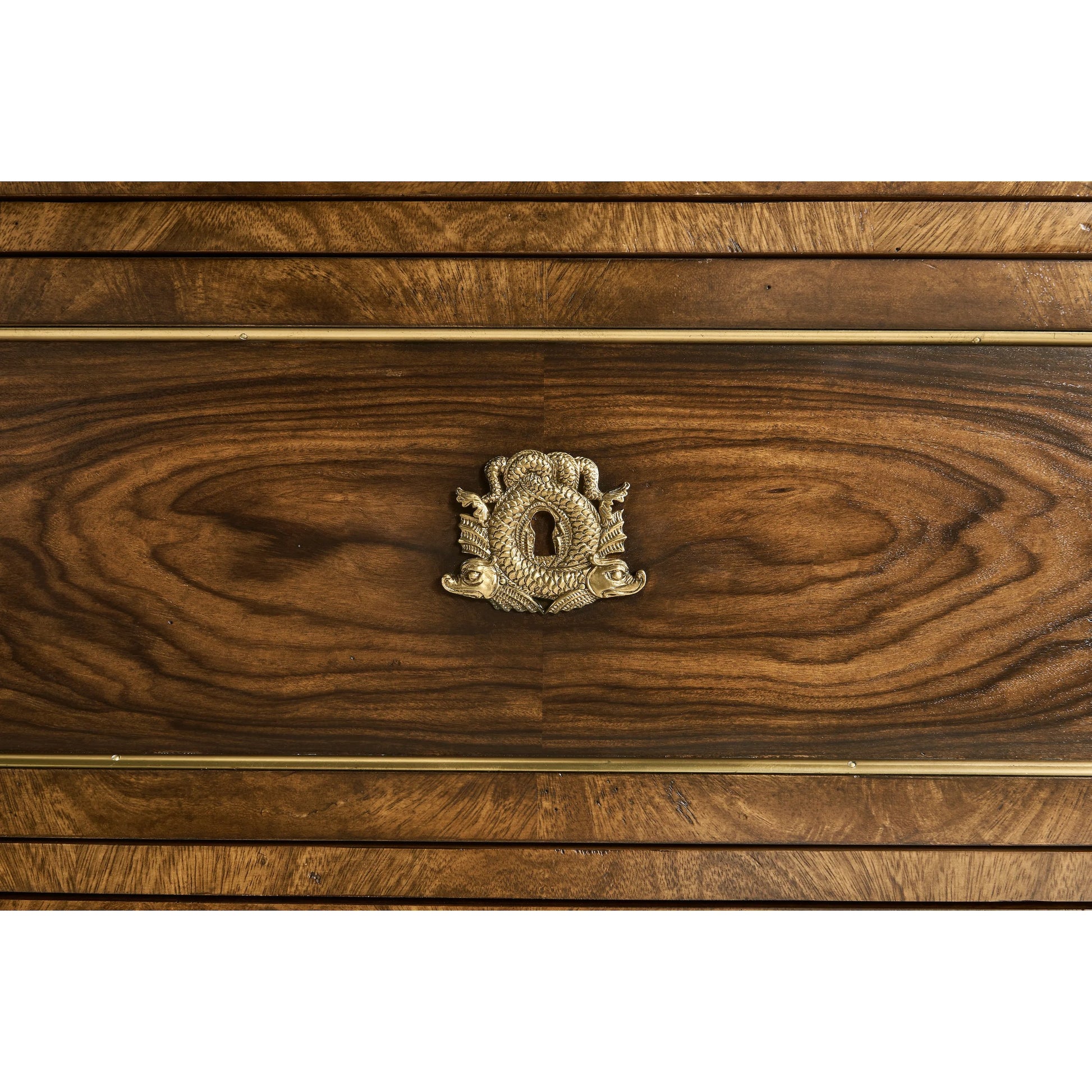 Viceroy Chest of Drawers by Jonathan Charles in brown and santos brown, antique brass. Made from mahogany, cerejeira veneers, santos rosewood crown veneers, brass in a traditional style.