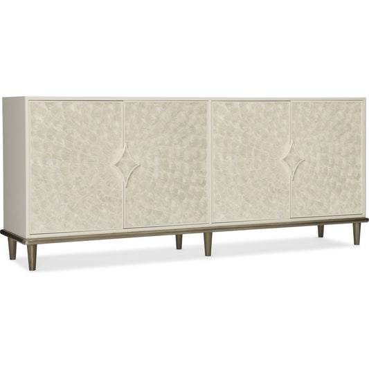 Entertainment Console by Hooker Furniture in cream. Made from hardwoods, shell, metal in a transitional style.