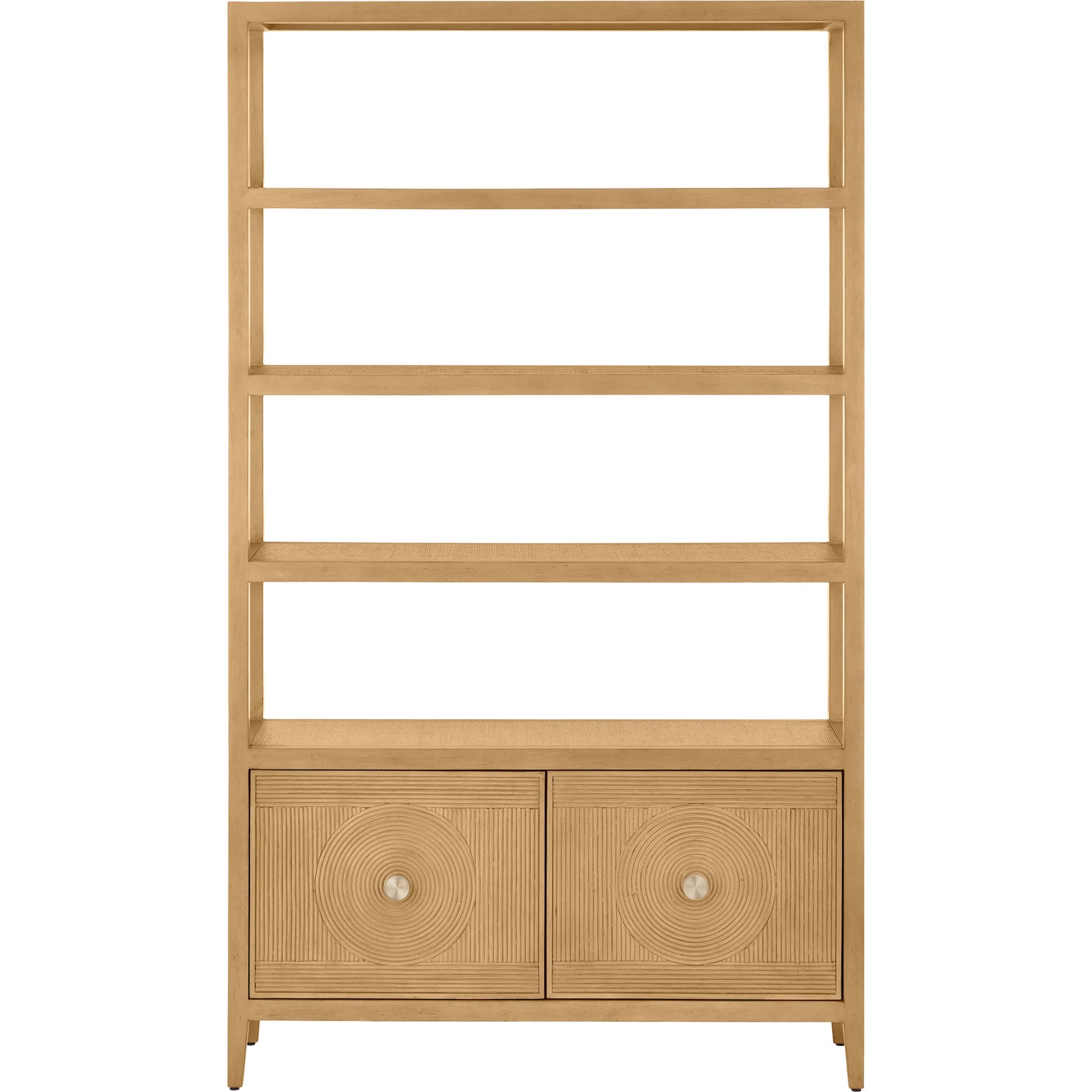 Santos Storage Etagere by Currey and Company in vintage navy, brushed brass. Made from rattan, mahogany, grasscloth, brass in a transitional style.