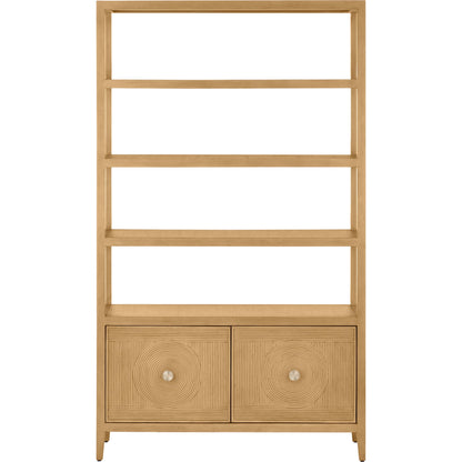 Santos Storage Etagere by Currey and Company in vintage navy, brushed brass. Made from rattan, mahogany, grasscloth, brass in a transitional style.