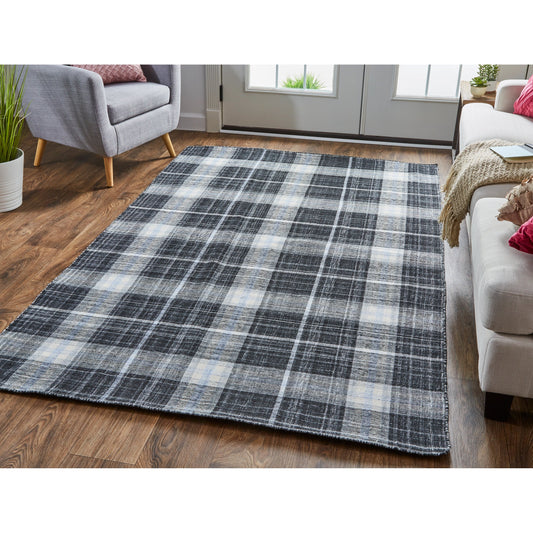 Jemma Transitional Plaid Rug - I8049 by Feizy in black, white, blue. Made from polyester in a unique style.