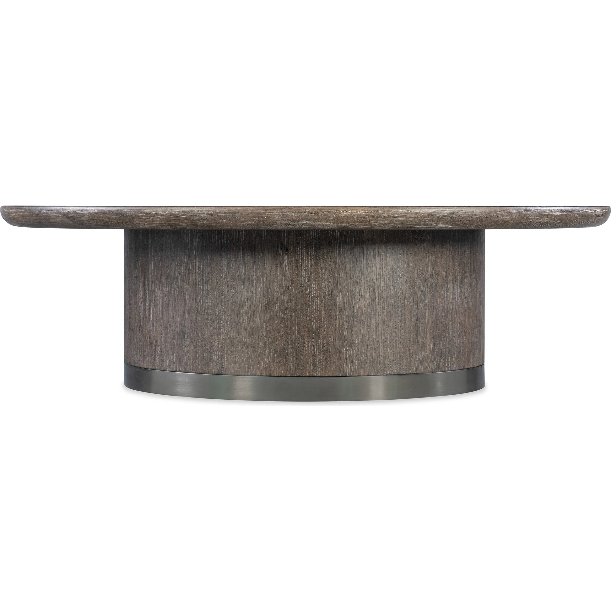 Modern Mood Round Cocktail Table by Hooker Furniture. Made from oak veneers, metal in a modern style.