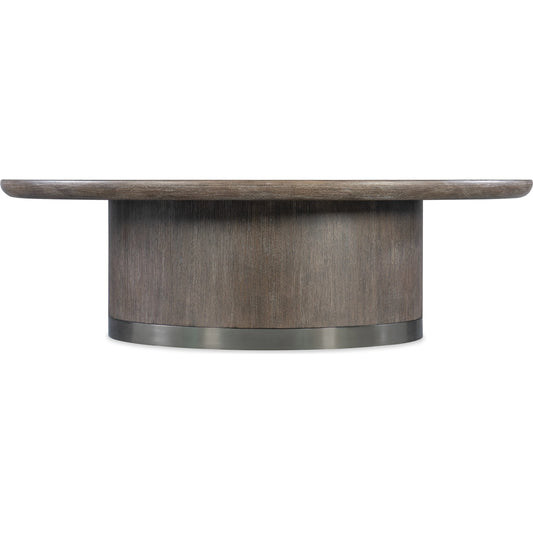 Modern Mood Round Cocktail Table by Hooker Furniture. Made from oak veneers, metal in a modern style.