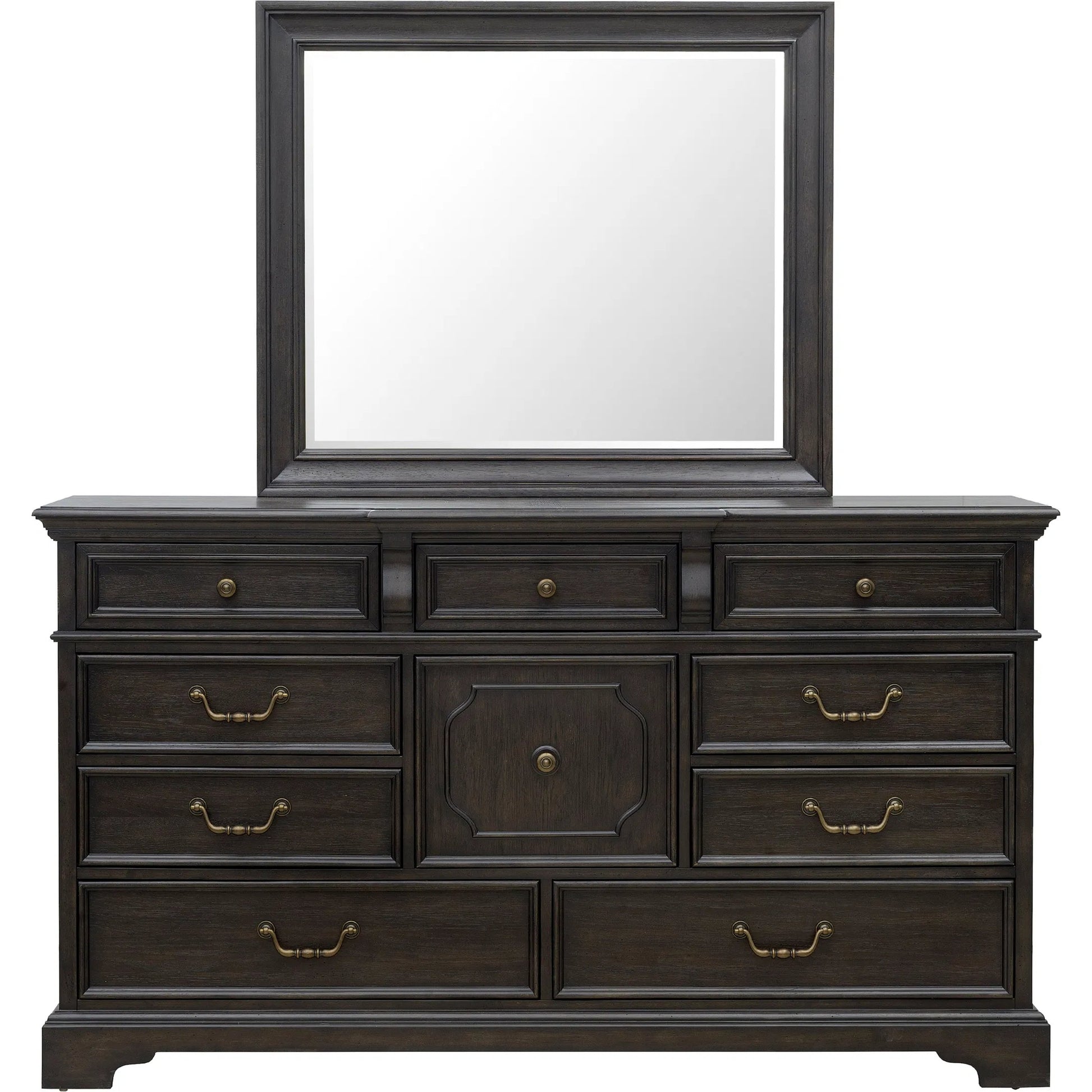 Hickory Creek Dresser Mirror by Pulaski Furniture in brown velvet. Made from rubber wood, mirror in a unique style.