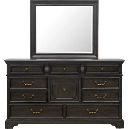 Hickory Creek Dresser Mirror by Pulaski Furniture in brown velvet. Made from rubber wood, mirror in a unique style.