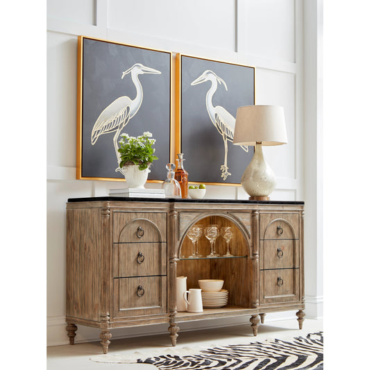 Architrave Server by A.R.T. Furniture in almond. Made from pine solids and veneer, glass, granite, metal in a traditional style.