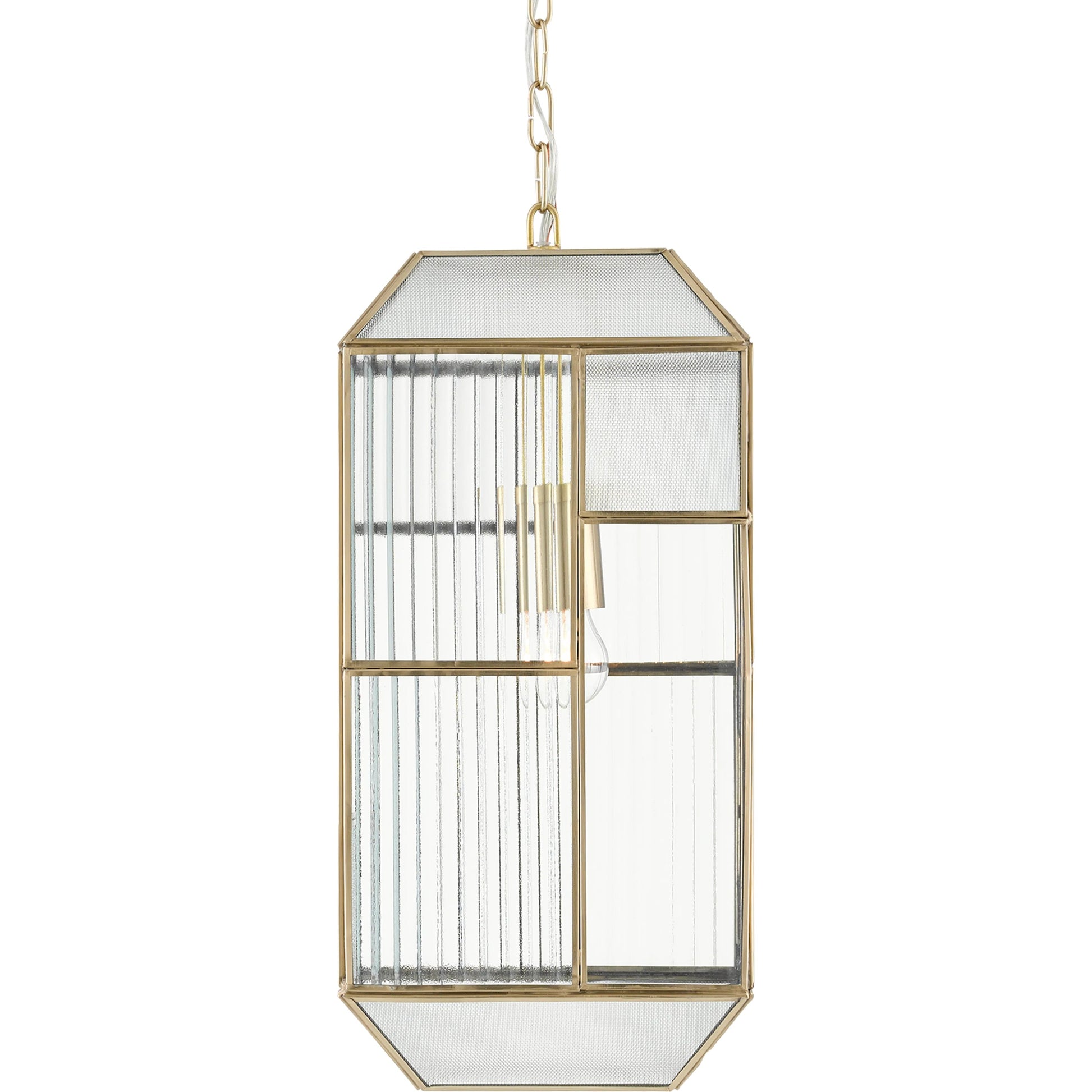 Bardolph Pendant by Currey and Company in antique brass. Made from iron, glass in a transitional style.
