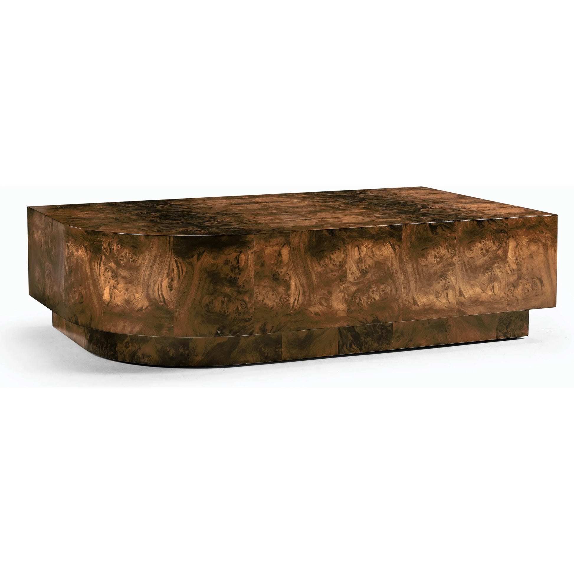 Jacques Radius Cocktail Table by Jonathan Charles in brown and walnut burl. Made from book match walnut burl veneer in a modern style.