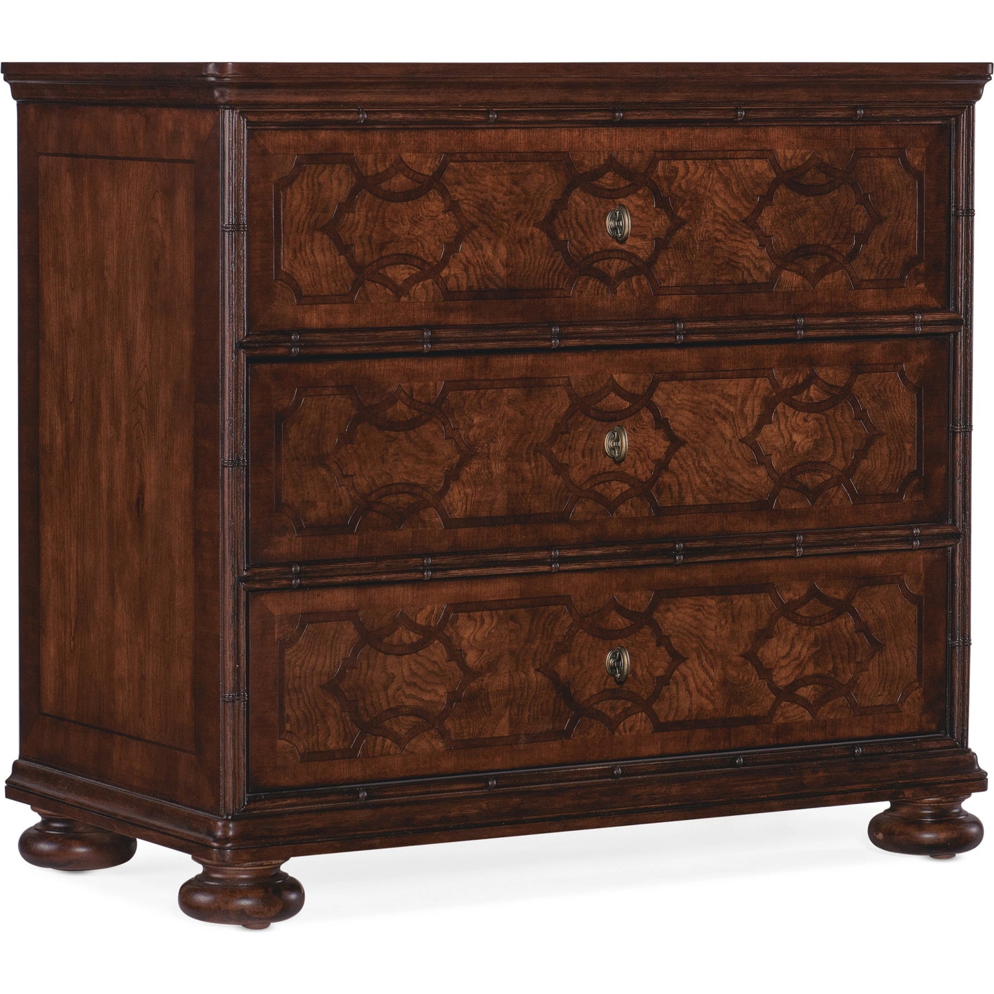 001 SI-2029032 | Primary Silo | Charleston Inlay Three-Drawer Nightstand by Hooker Furniture in maraschino cherry. Made from cherry, walnut veneers, walnut inlay, olive ash burl in a traditional style.