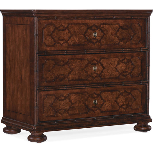 Charleston Three-Drawer Nightstand by Hooker Furniture in maraschino cherry. Made from cherry, walnut veneers, walnut inlay, olive ash burl in a traditional style.