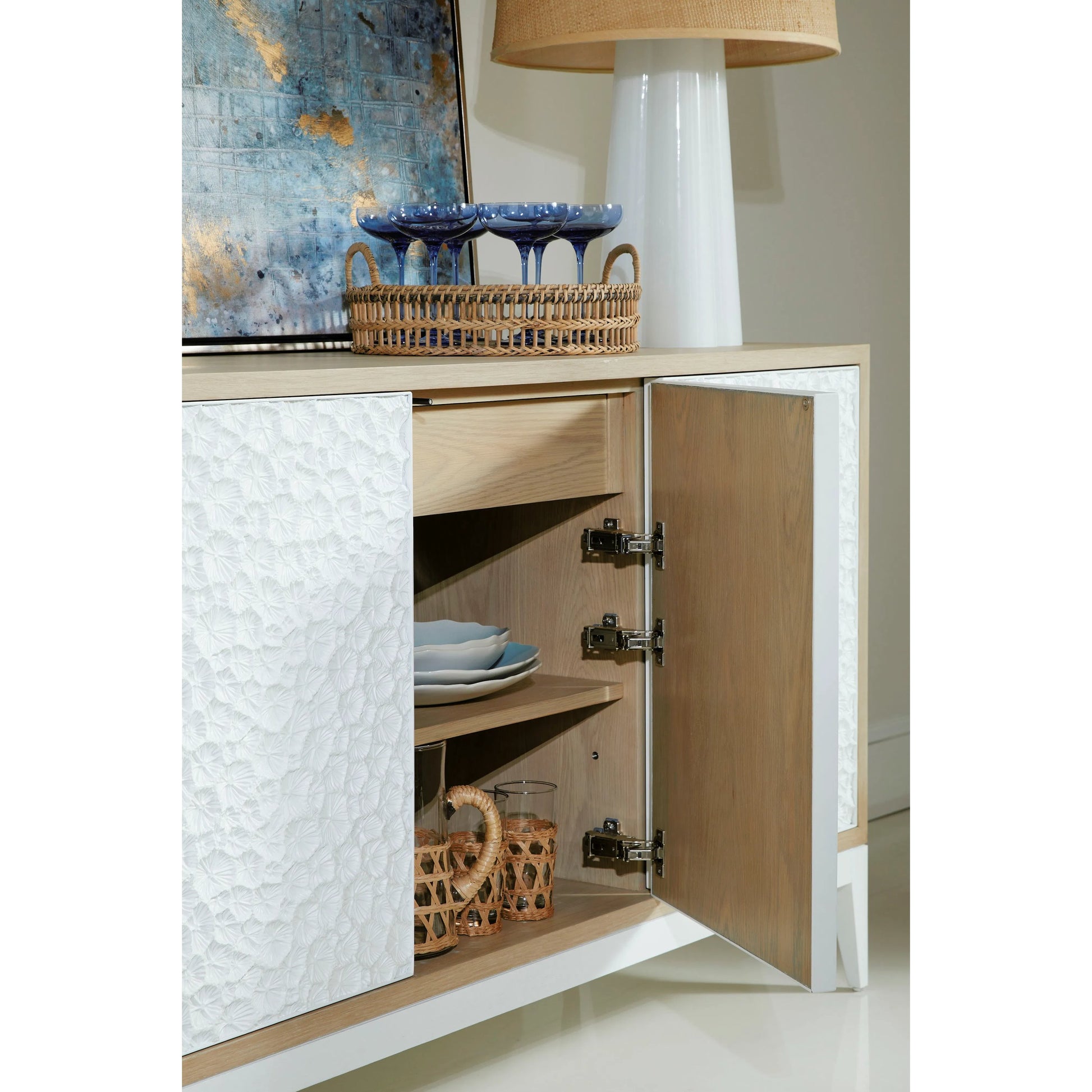 Water Pelagic Cast Metal Credenza by Jonathan Charles in bleached oak. Made from oak, cast metal in a modern style.