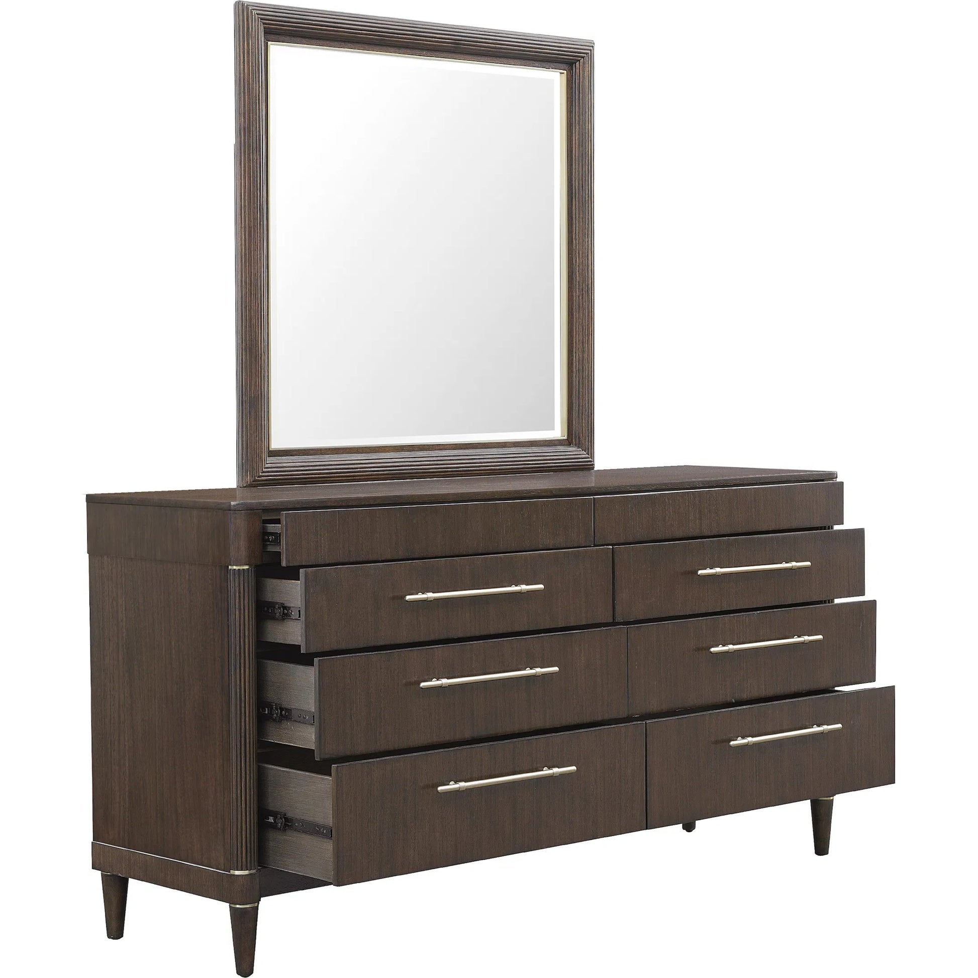 Asher Park Dresser Mirror by Pulaski Furniture in piano brown. Made from rubberwood solids in a unique style.