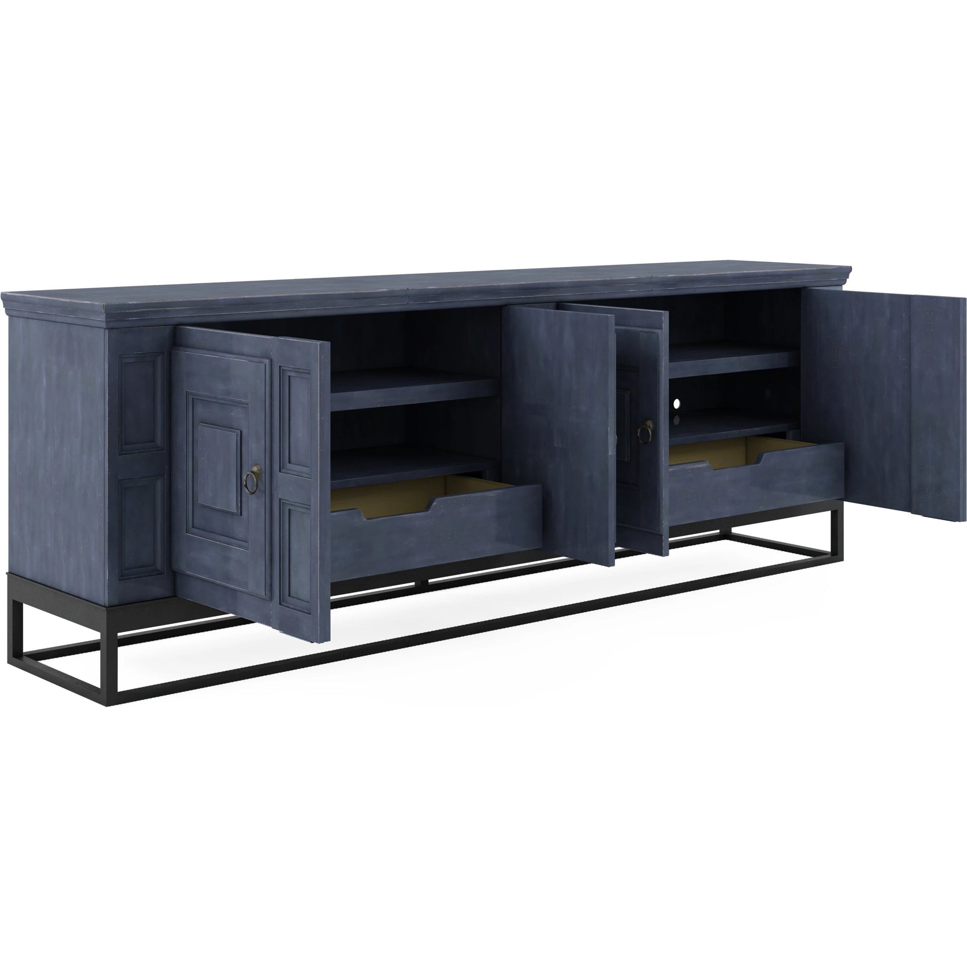 Alcove Entertainment Console by A.R.T. Furniture in slate, burnished brass. Made from acacia solids, maple veneers, iron in a transitional style.