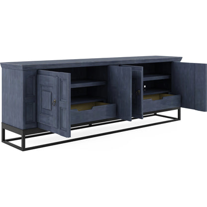 Alcove Entertainment Console by A.R.T. Furniture in slate, burnished brass. Made from acacia solids, maple veneers, iron in a transitional style.