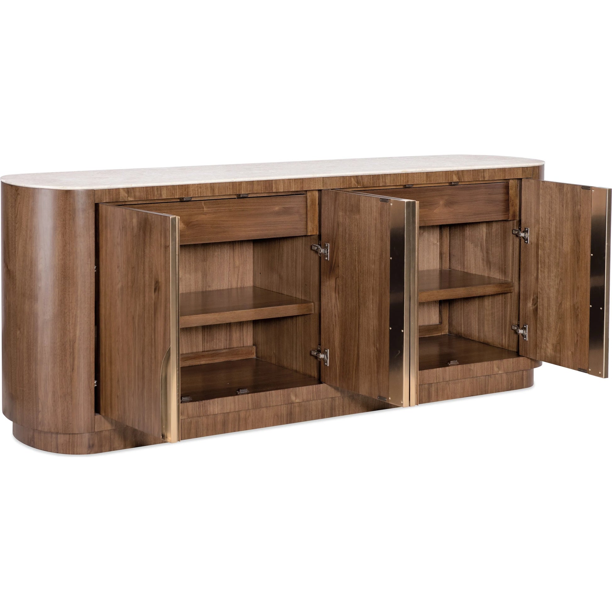 Eleana Credenza by Hooker Furniture in light caramel, quartered walnut veneers, marble. Made from walnut veneers, marble in a modern style.