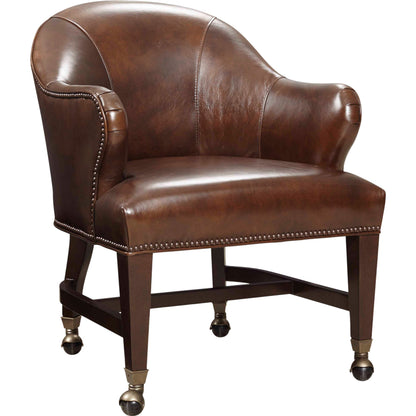 Queen Game Chair by Hooker Furniture in isadora coffee and natchez brown. Made from leather in a traditional style.