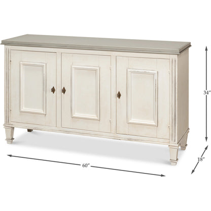 Louis XVI Sideboard by Sarreid Ltd. in ivory, grey and white/white base gray quartz top. Made from wood in a traditional style.