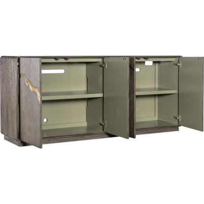 Melange Fissured Entertainment Credenza by Hooker Furniture in dark wood. Made from oak veneers in a modern style.