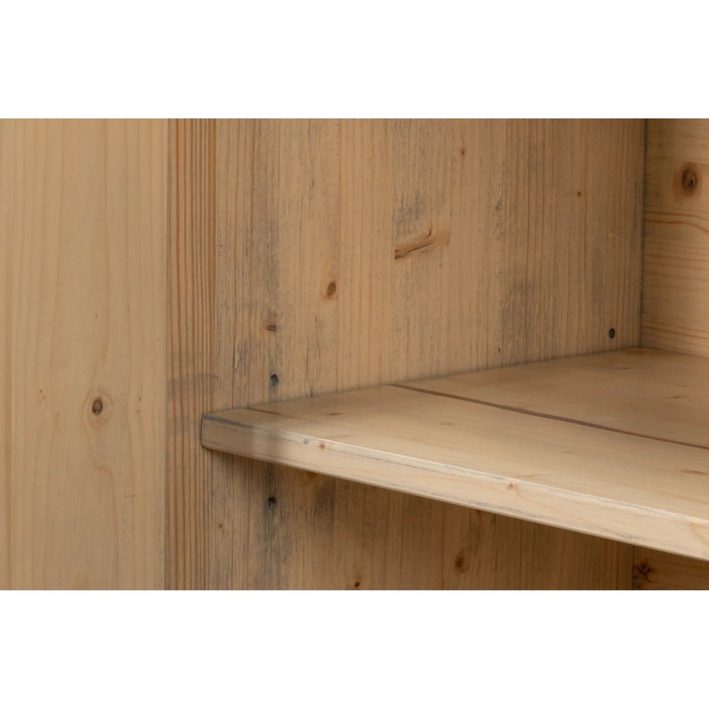 020 SI-2447885 | Closeup | Crested Wall Cabinet by Sarreid Ltd.. Made from solid pine, 4 adjustable shelves in a cottage & farmhouse style.