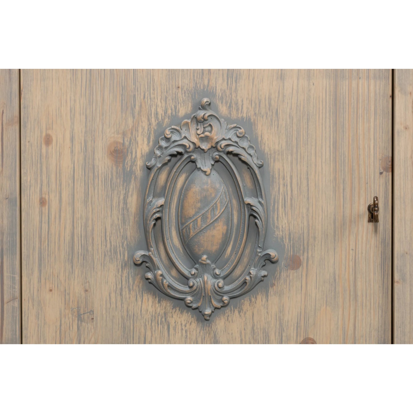 017 SI-2447885 | Closeup | Crested Wall Cabinet by Sarreid Ltd.. Made from solid pine, 4 adjustable shelves in a cottage & farmhouse style.