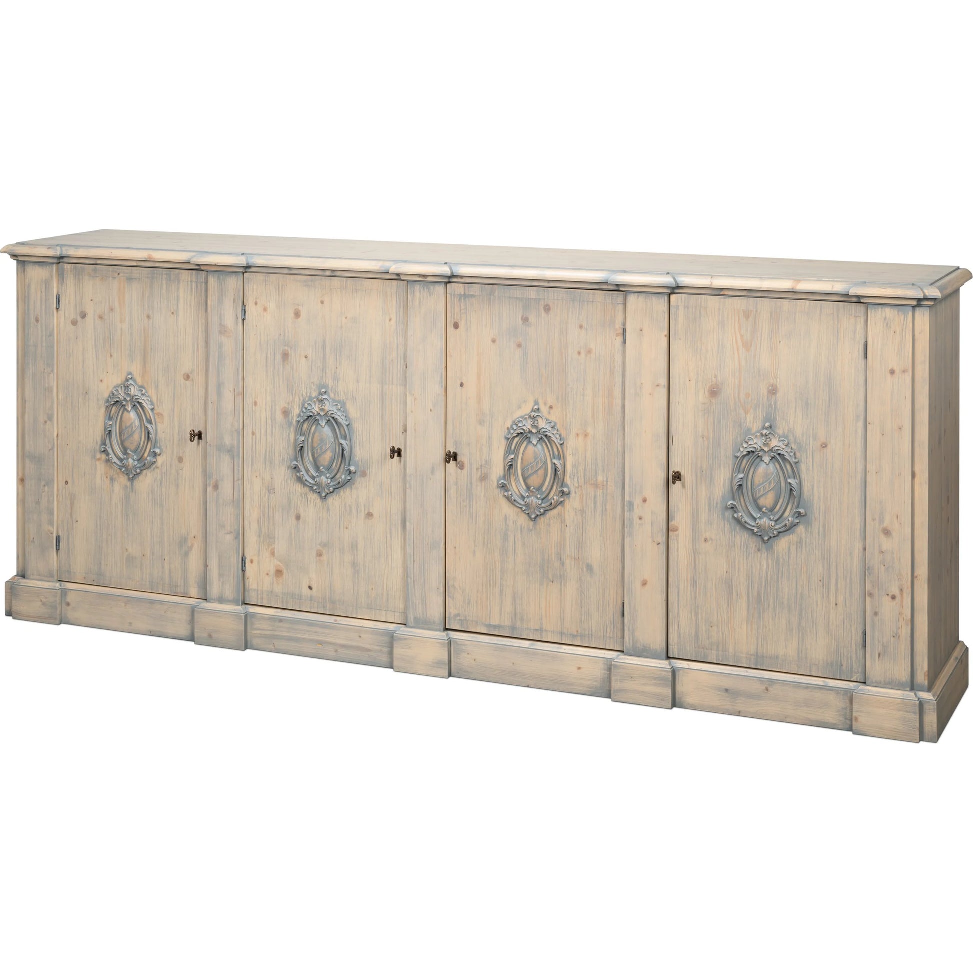 Crested Wall Cabinet by Sarreid Ltd.. Made from solid pine, 4 adjustable shelves in a cottage & farmhouse style.