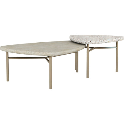 Cotiere 2 Piece Bunching Cocktail Tables by A.R.T. Furniture in beige. Made from parawood solids, mixed split cathedral quarter-white oak veneer, terrazzo stone, metal in a modern style.