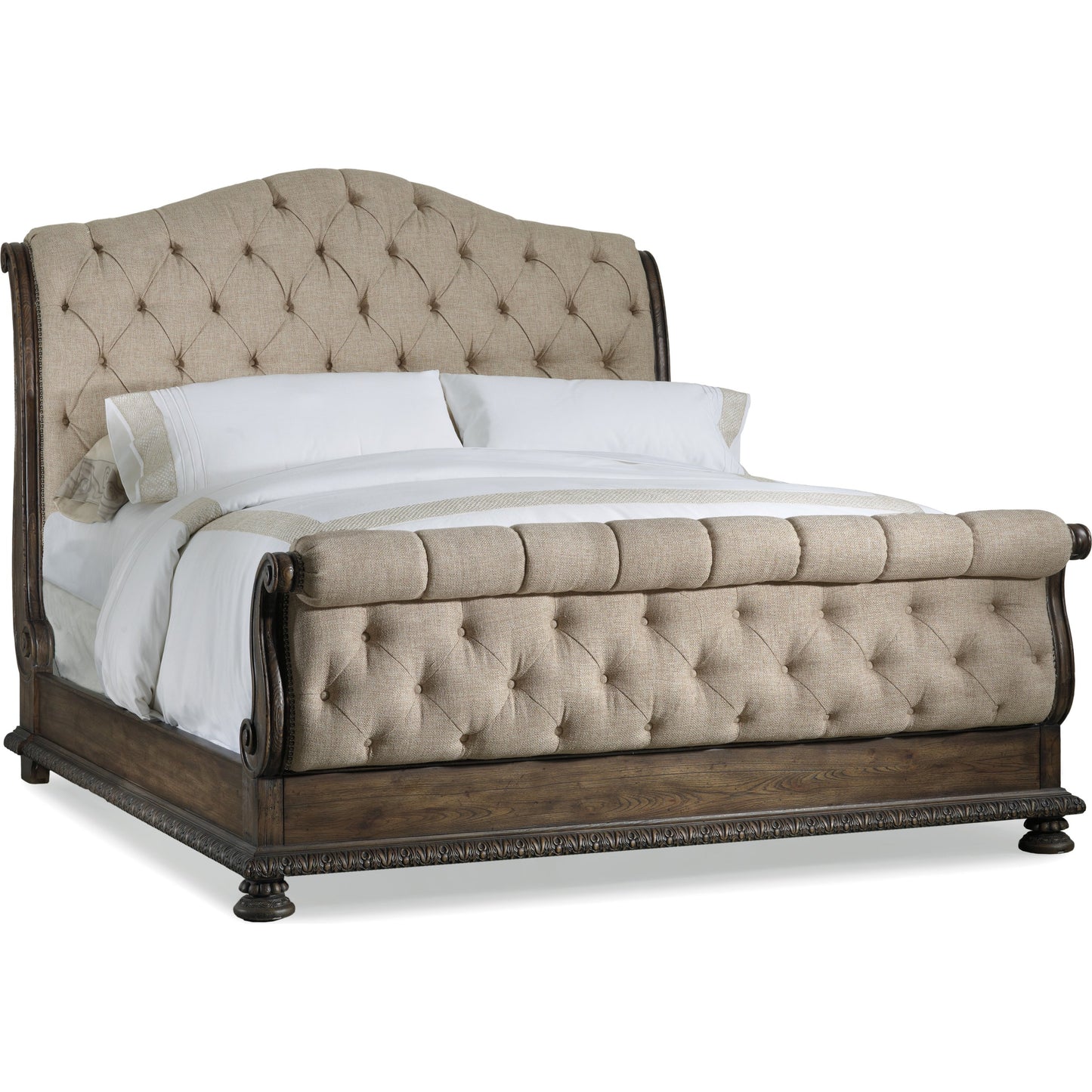000 SI-1749473,SI-1749475 | Primary Silo | Rhapsody Tufted Bed by Hooker Furniture in beige and rustic walnut, aurora ecru. Made from fabric, resin in a traditional style.