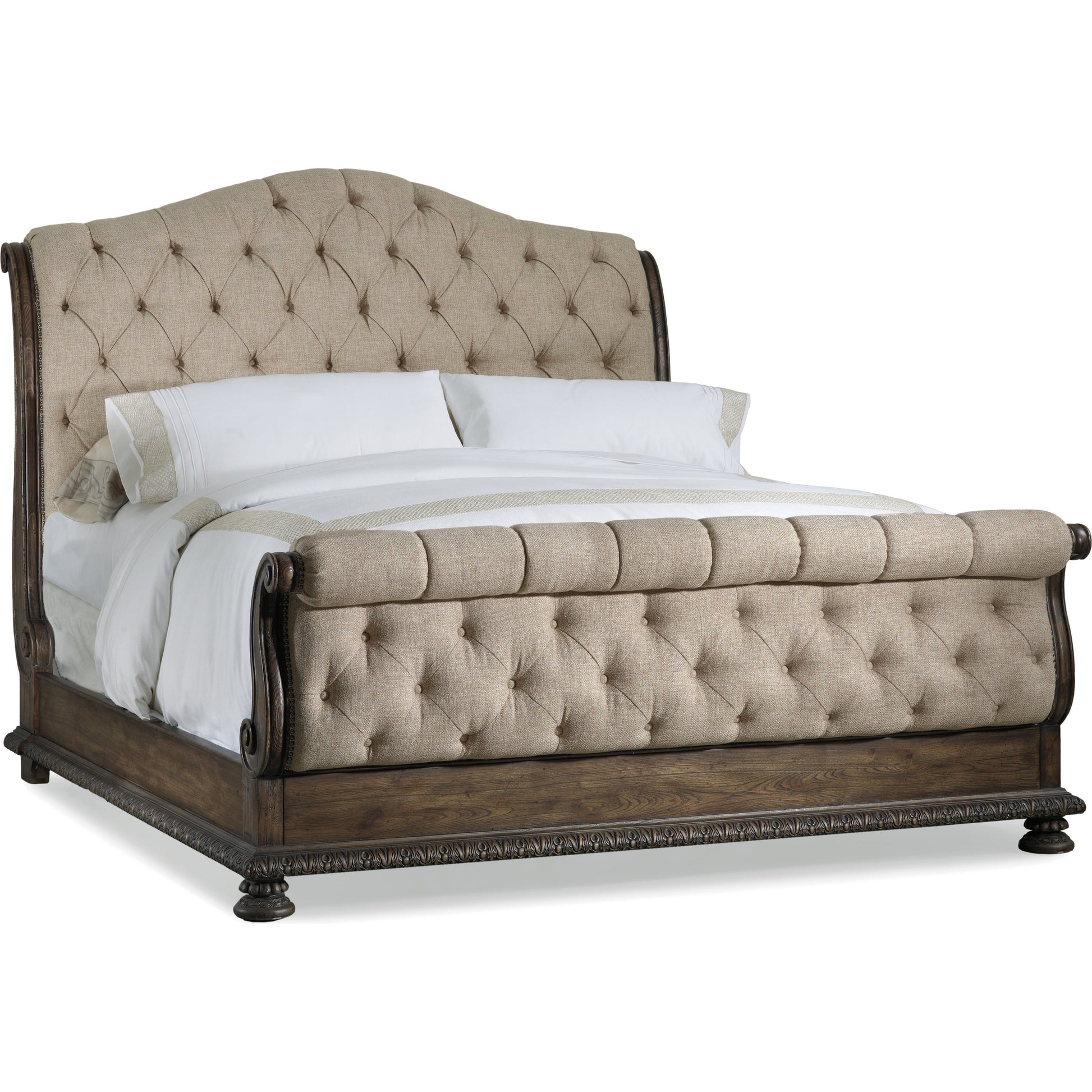 Rhapsody Tufted Bed by Hooker Furniture in beige and rustic walnut, aurora ecru. Made from fabric, resin in a traditional style.