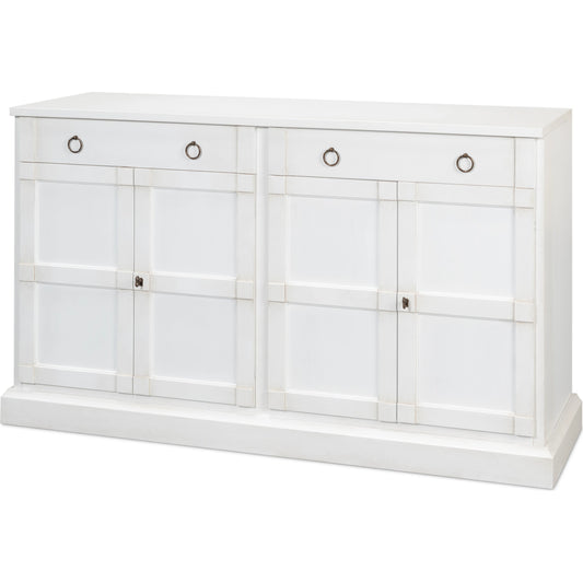 Media Console by Sarreid Ltd. in cortina white. Made from solid pine in a modern style.
