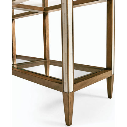 Jacques Etagere by Jonathan Charles in brown and medium brown mahogany. Made from mahogany, walnut burl veneer, faux bone in a modern style.