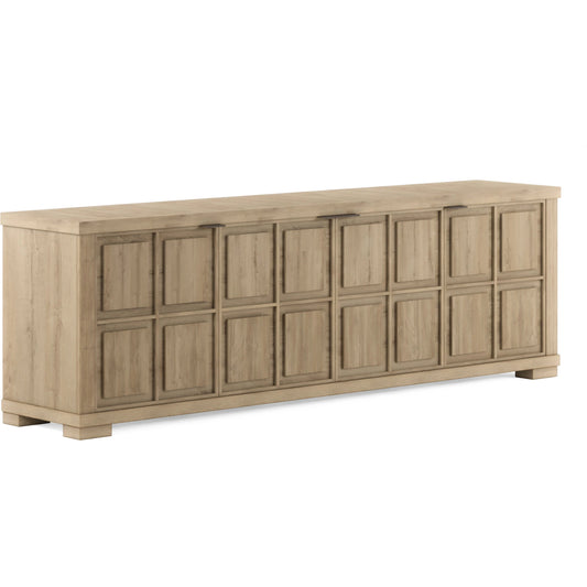 Garrison Entertainment Console by A.R.T. Furniture in washed oak. Made from parawood solids with ash embossing, white oak veneers in a cottage & farmhouse style.