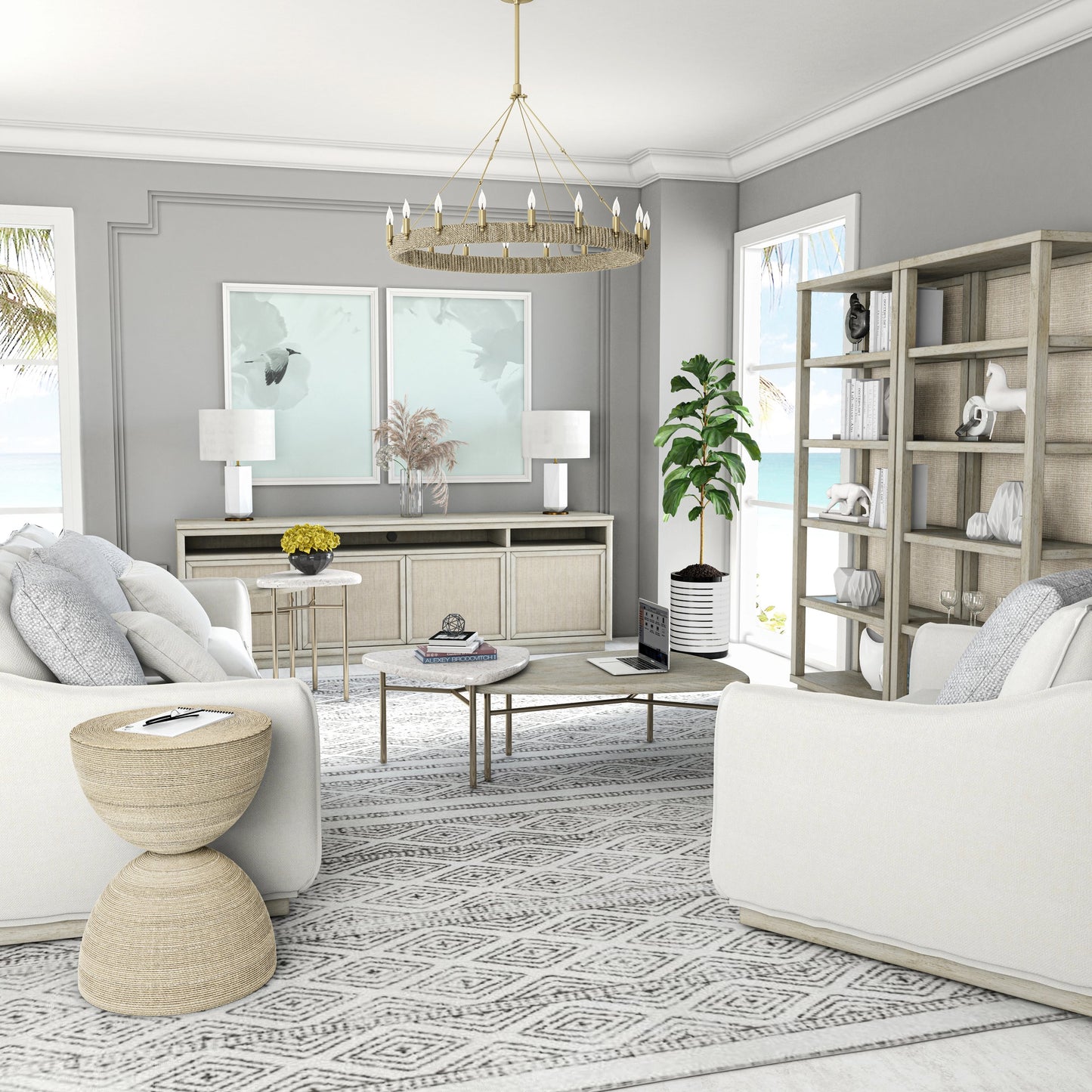 003 SI-2064978 | Lifestyle | Cotiere Etagere by A.R.T. Furniture in beige and linen. Made from parawood solids, mixed split cathedral and quarter-white oak veneers, fabric, glass in a modern style.