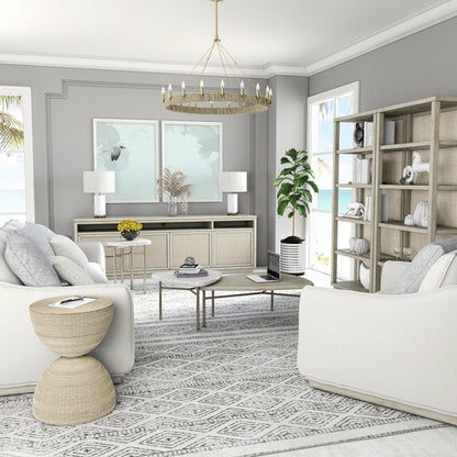 Cotiere Etagere by A.R.T. Furniture in beige and linen. Made from parawood solids, mixed split cathedral and quarter-white oak veneers, fabric, glass in a modern style.
