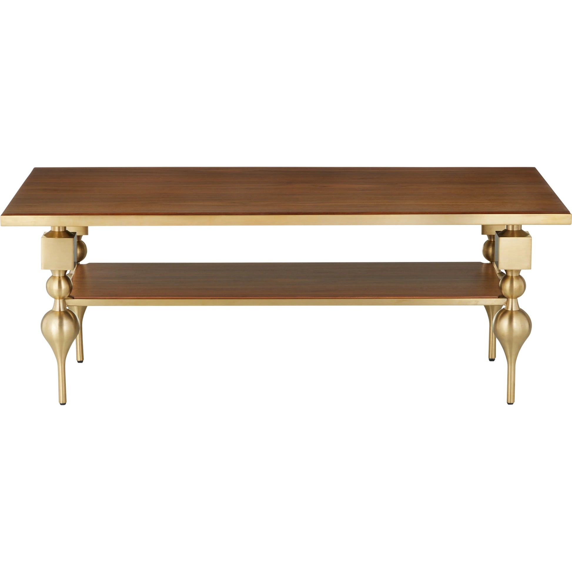 Maeve Cocktail Table by Currey and Company in brushed brass, walnut. Made from stainless steel, walnut veneer, engineered wood in a modern style.