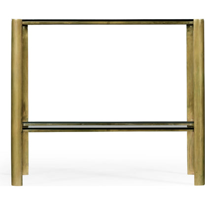 Cosmo Brass & Glass End Table by Jonathan Charles in gold and light antique brass. Made from brass in a transitional style.