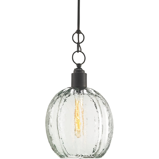 Aquaterra Pendant by Currey and Company in old iron. Made from wrought iron, glass in a transitional style.